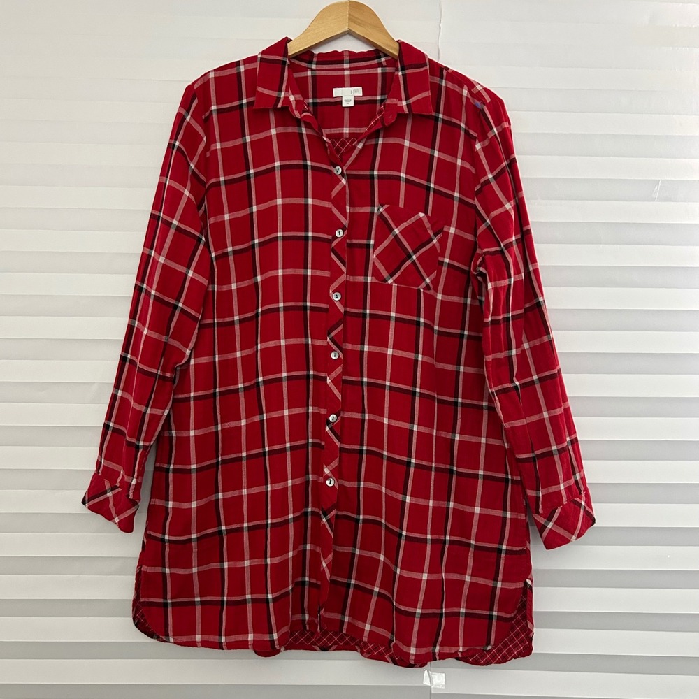J. Jill Red Plaid Cotton Button Down Tunic‎ Top Shirt Womens XL Pockets